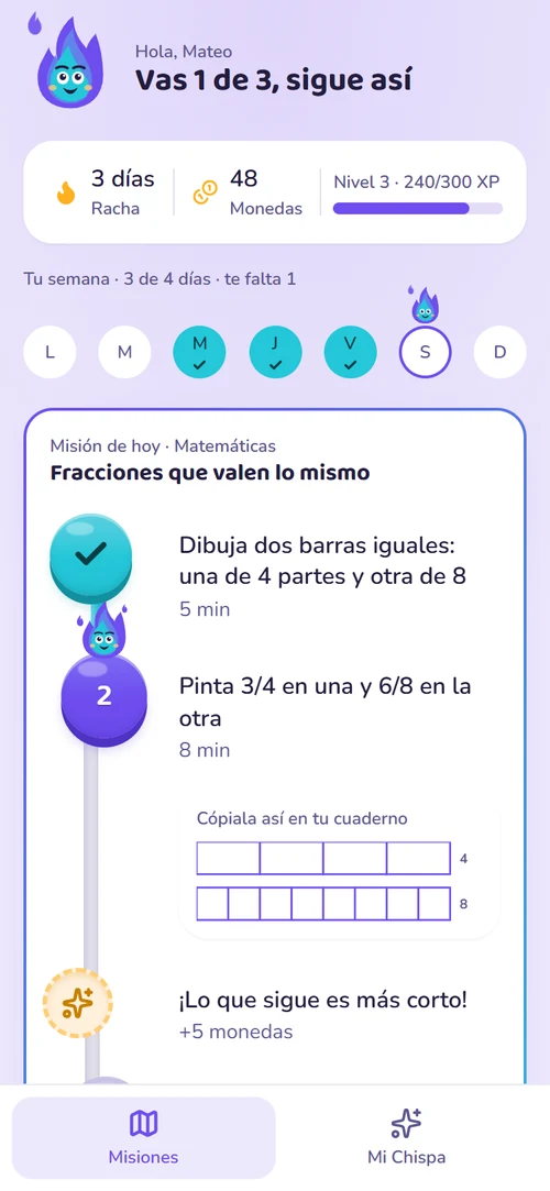 La pantalla de misiones: el primer paso ya está marcado como hecho, el segundo está activo y al final espera el cofre del día.
