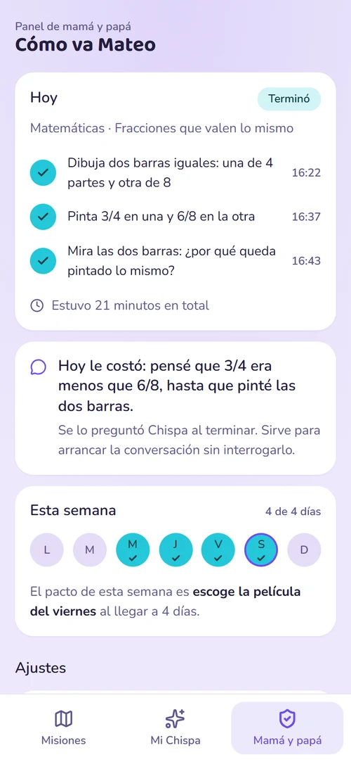 El panel del adulto: los tres pasos con la hora exacta en que los hizo, cuánto tardó en total y lo que le costó ese día.