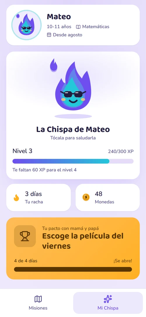 La ficha de Chispa con su nivel, la racha, las monedas ganadas y el pacto de la semana con mamá y papá.
